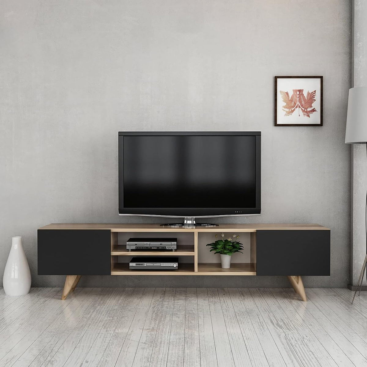 en.casa Meuble TV de Salon à 2 Portes Support Banc Télé avec Espaces de Rangement Panneau de Particules Plastique 40 x 160 x 31 cm Effet Chêne Noir