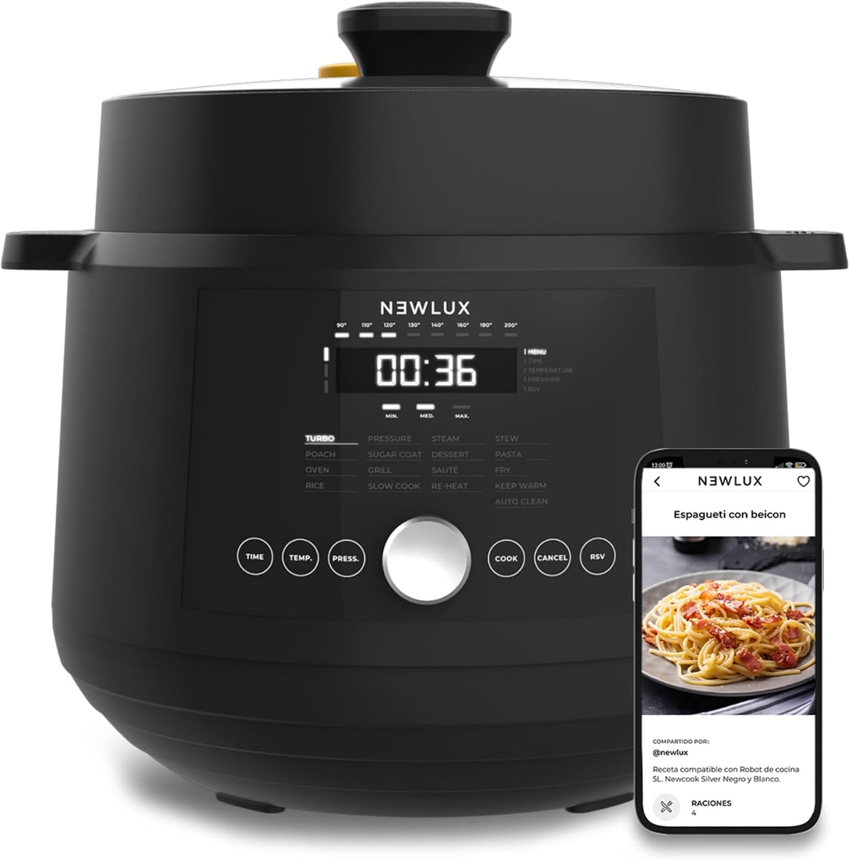 NEWLUX - Mijoteuse Électrique 6L SmartChef V600 (1200W), Robot Cuisine avec 4 Niveaux de Pression (90 kpa) et 17 Programmes. Slow Cooker programmable