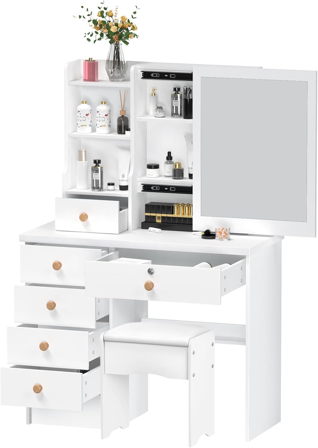 Coiffeuse avec miroir et tabouret, 6 tiroirs, 80 x 37 x 122 cm, coiffeuse avec étagères ouvertes et compartiments de rangement cachés pour aider à