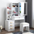 Coiffeuse avec lumières LED avec luminosité réglable, 4 tiroirs, 6 étagères, table de maquillage avec miroir et tabouret