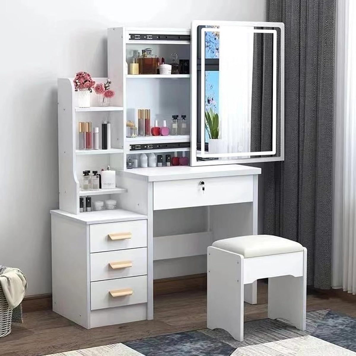 Coiffeuse avec lumières LED avec luminosité réglable, 4 tiroirs, 6 étagères, table de maquillage avec miroir et tabouret