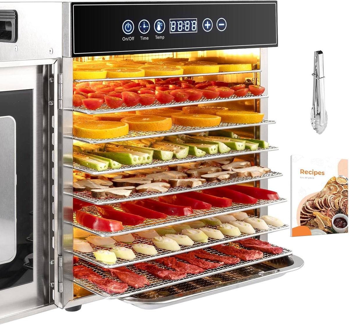 Kwasyo 8 Plateaux Deshydrateur Alimentaire en Acier Inoxydable, avec Température Réglable 30 à 90°C et Minuterie Numérique (0-24h), pour Fruits