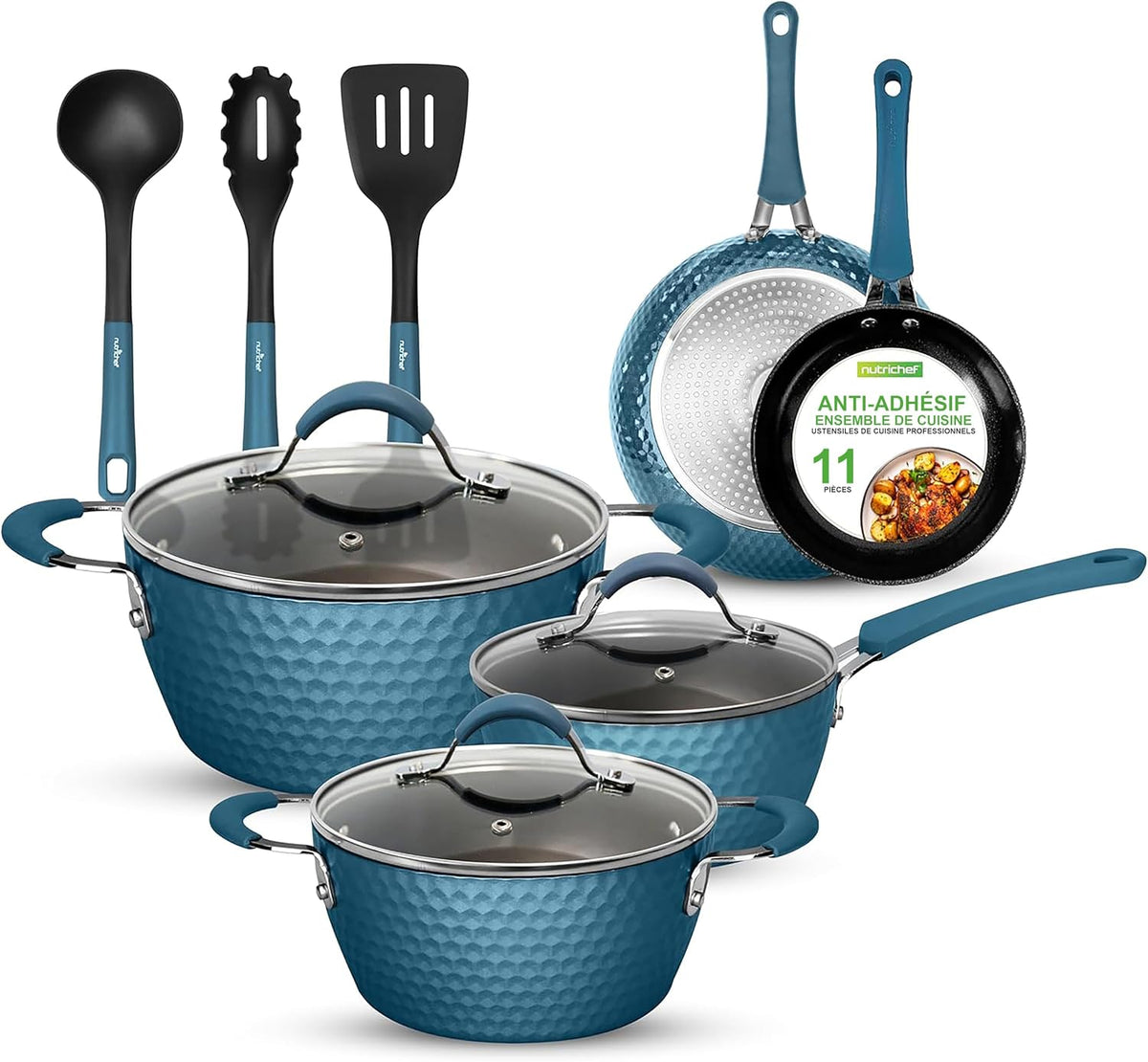NutriChef Lot Poêle et Casserole Induction, Batterie de Cuisine Antiadhésifs avec Revêtement en Céramique, Poignées Ergonomiques, Casserole, Cocotte