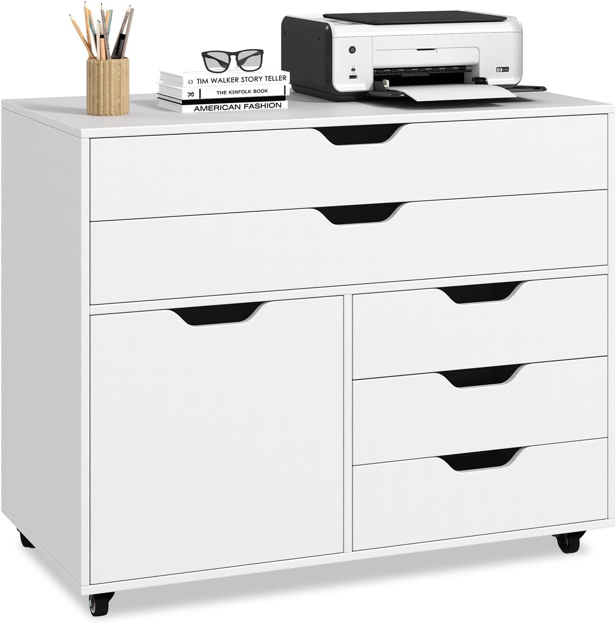 COSTWAY Caisson Bureau à roulettes 5 Tiroirs, Étagère Réglable, Caisson de Rangement pour A4, Lettre, Grand Placard