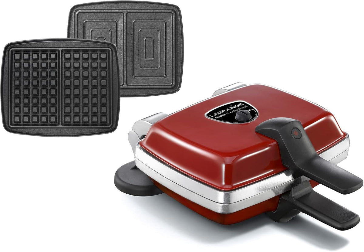 LAGRANGE Gaufrier Super2, 1000W, 2 jeux de plaques inclus (Gaufre & Croque-Monsieur), Fabriqué en France, Réversible sur son socle, Plaques amovibles