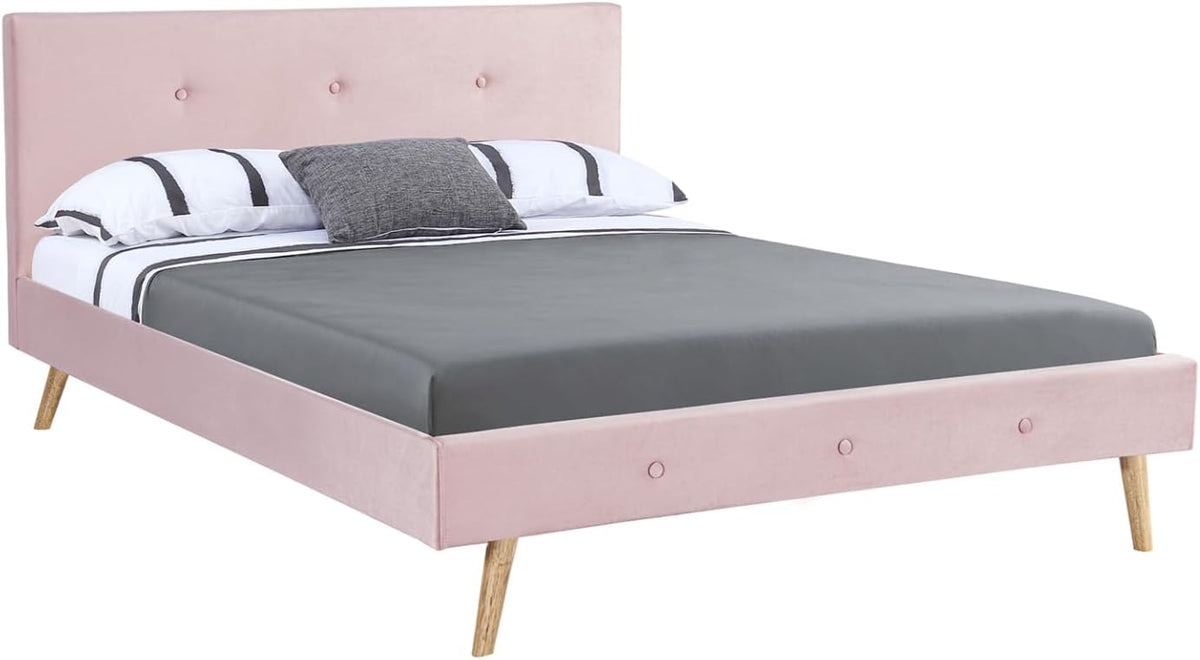 IDMarket - Lit Double scandinave Oslo avec tête de lit et sommier 140 x 190 cm Tissu Rose Clair Effet Velours