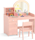 COSTWAY 2 en 1 Bureau Enfants avec Chaise & 120 Lumières LED, Coiffeuse Enfants Fille avec Miroir Acrylique, 2 Etagères & Tiroir
