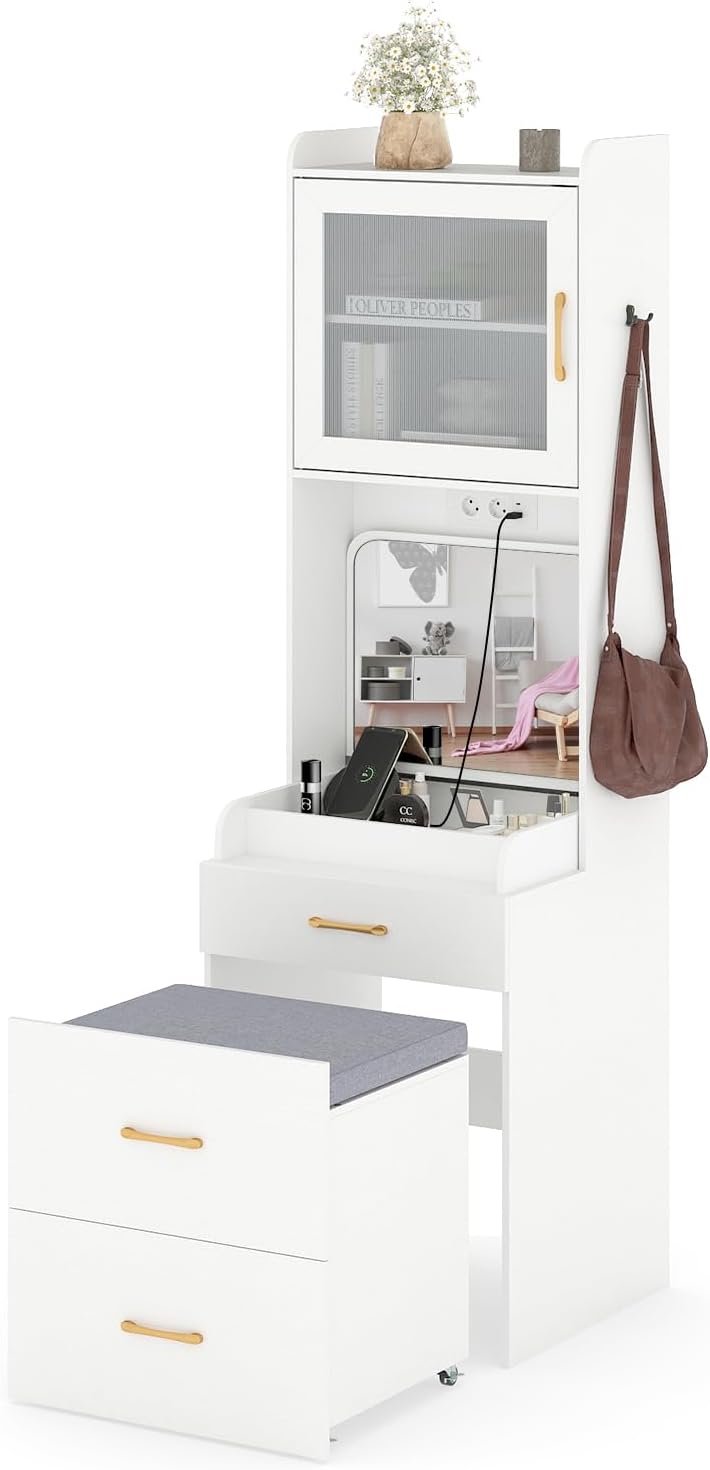 GIANTEX Coiffeuse 3 en 1 avec Miroir Rabattable, Prise Électrique, Table de Maquillage avec Tabouret Rembourré à roulettes, 2 Crochets & 2 Tiroirs