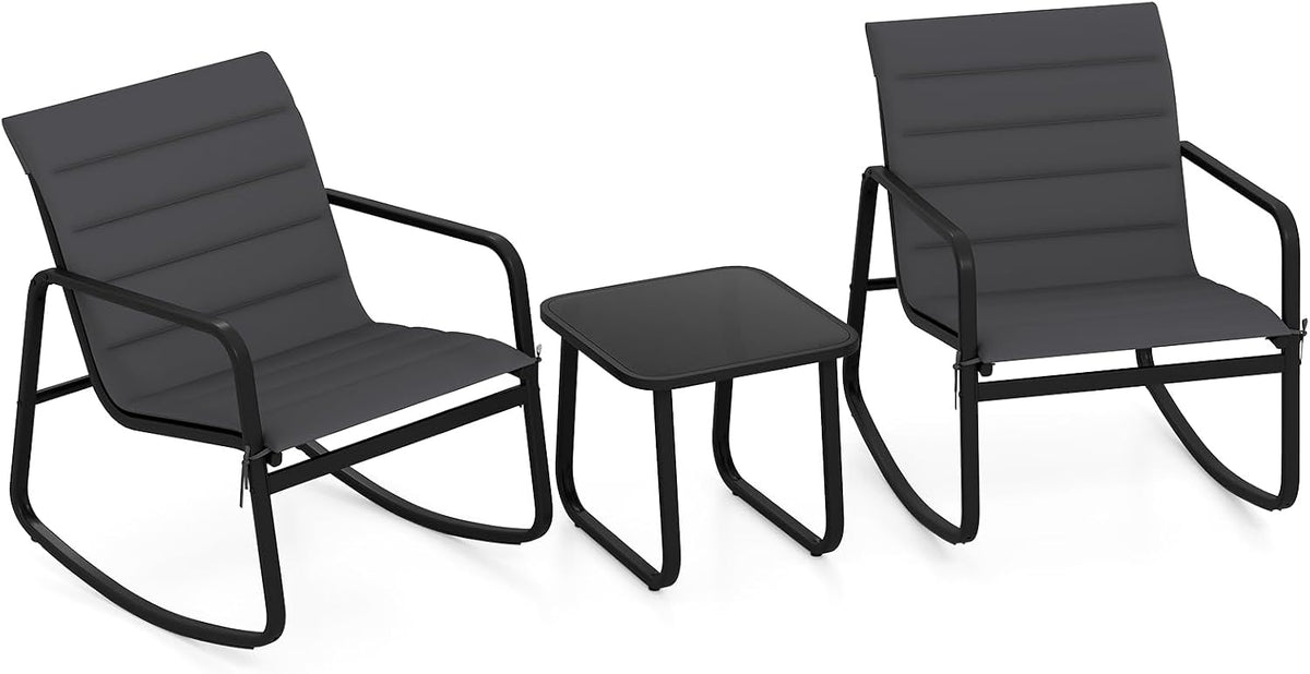 GIANTEX Ensemble de Salon de Jardin Exterieur 3 Pièces, 2 Fauteuils a Bascule en Tissu, Table Basse, Coussins Amovibles et Cadre Métallique Robuste