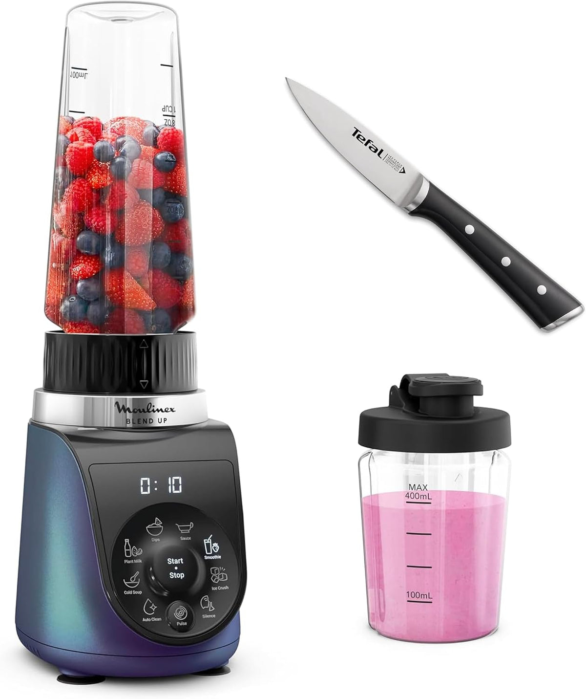 Moulinex Blend Up, Mini blender puissant, 1000W, 8 programmes automatiques, Glace pilée LM19H4F0 & Tefal Ice Force Couteau à éplucher 9 cm