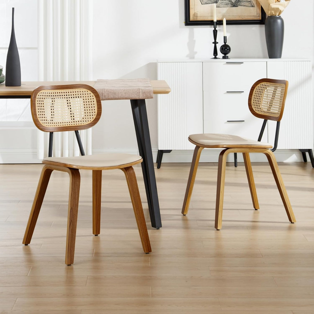 chairus Lot de 2 Chaises de Salle à Manger avec Pieds Bois Chaise Rembourrée en Cuir PU pour Salon Chaises de Cuisine avec Dossier Rotin, Beige