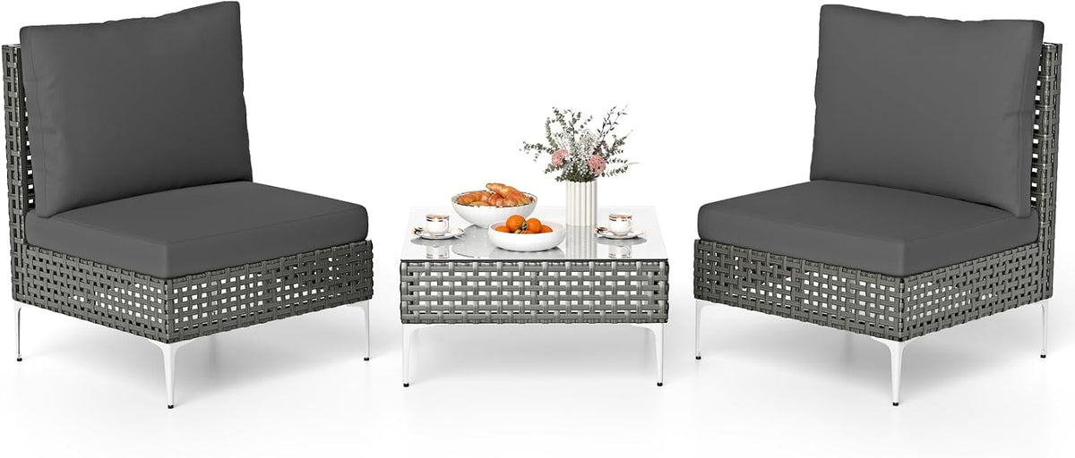 COSTWAY Ensemble de Meubles 3 Pièces de Patio en Osier PE Charge 180KG, Salon de Jardin 2 Fauteuils Table Basse avec Plateau en Verre Trempé Coussins