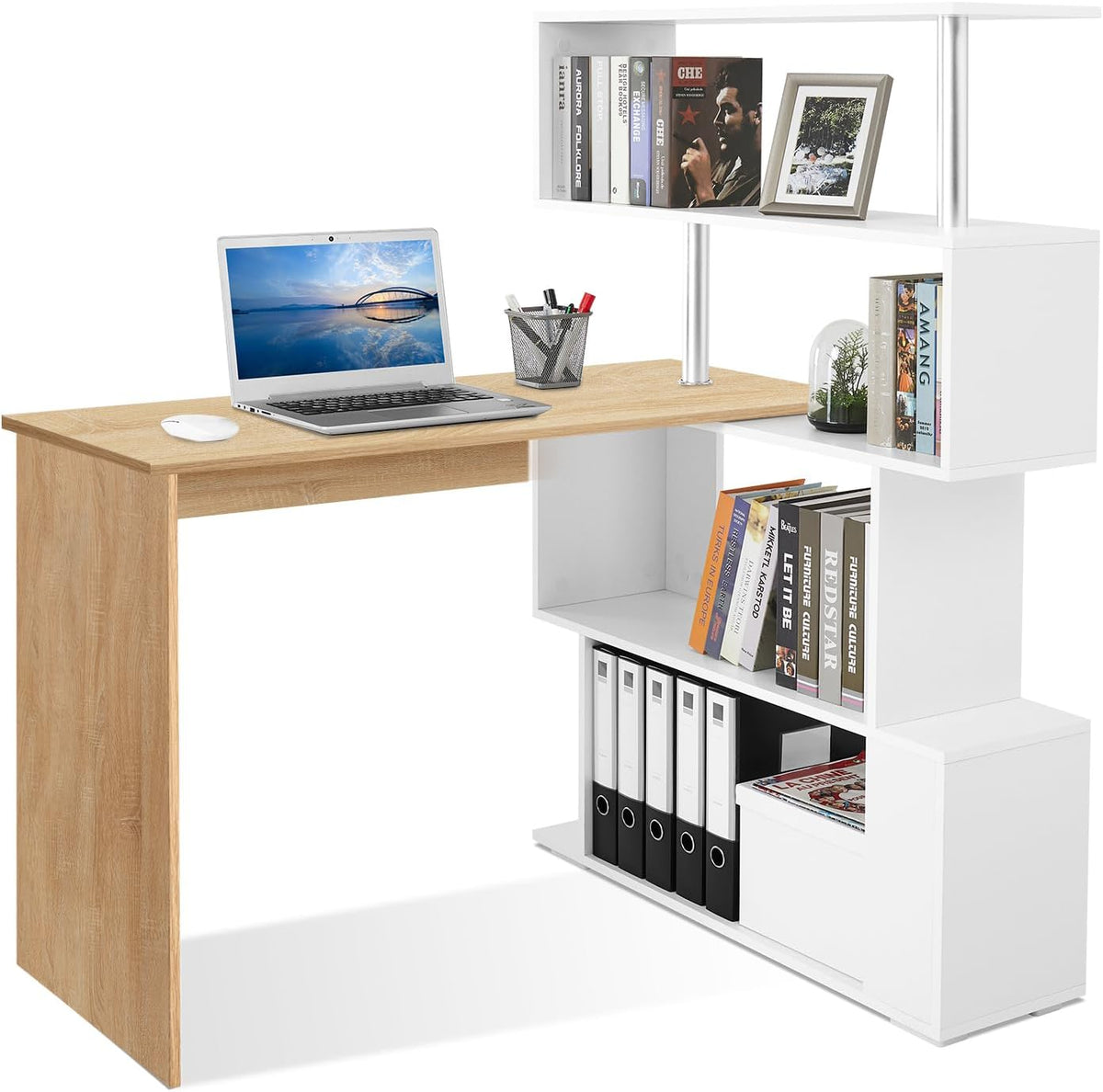 Mondeer Bureau Informatique, Bureau d'Ordinateur avec Étagère Rangement à Quatre Niveaux, Table de Travail PC Table pour Bureau et Salle d'Etude