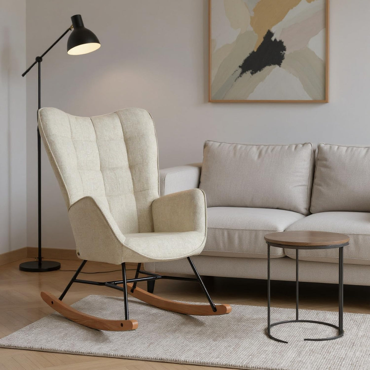Meuble Cosy Fauteuil de Relaxation, Rocking Chair Confortable, Chaise à Bascule pour Salon en Tissu avec Pieds Bois et Métal