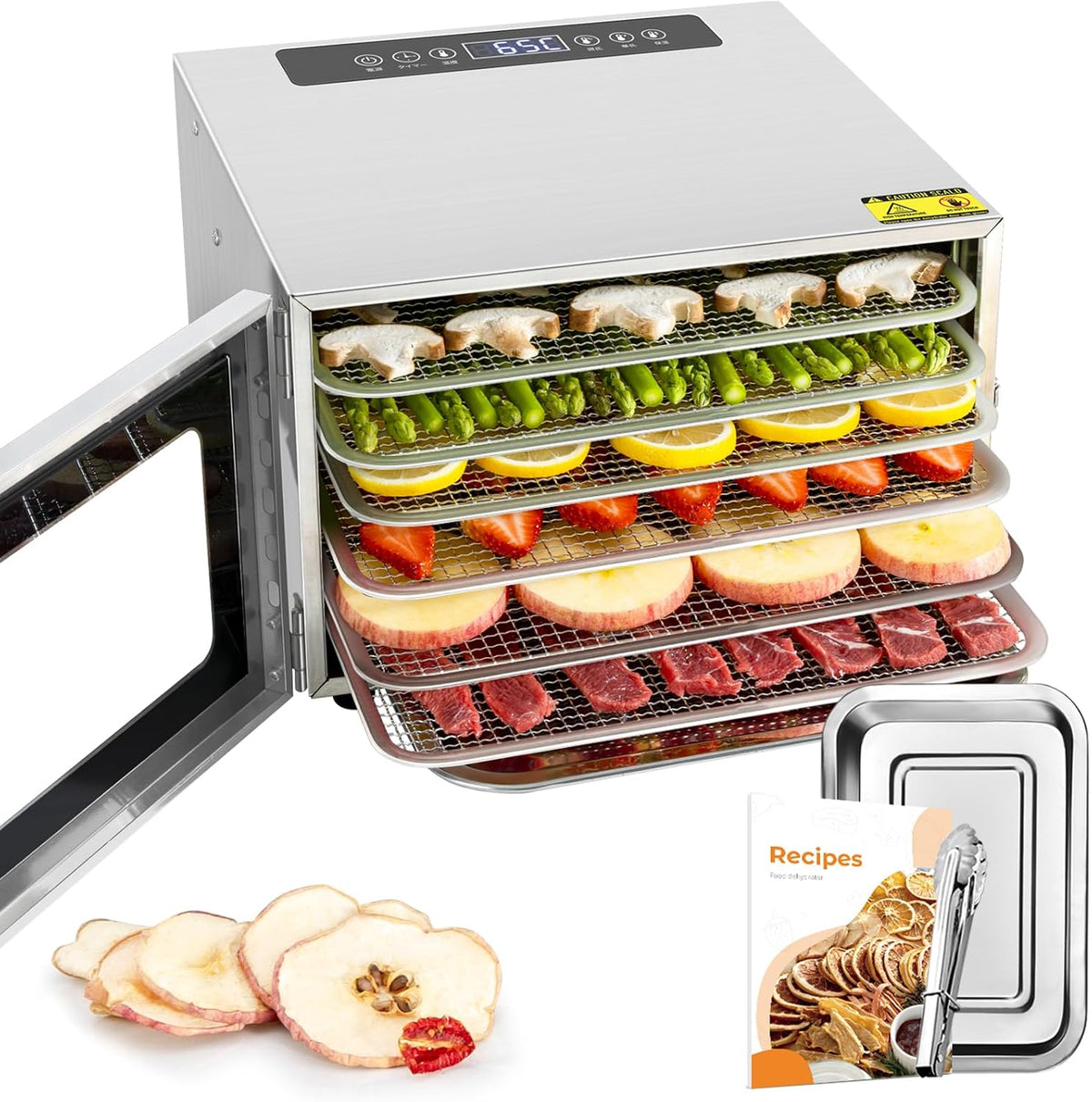 Kwasyo Deshydrateur Aliment, Déshydrateur Inox 6 Étages, avec Minuteur (24H), Température réglable 30-90, Déshydrateur Électrique pour Boeuf, Fruits