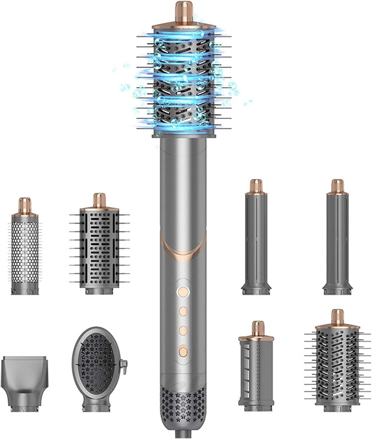 Multifonction 8 en 1, Sèche-Cheveux Brosse Soufflante et Boucleur d'Air Rotatif, 1400W, Ions Négatifs, Poignée Pliable, 8 Accessoires