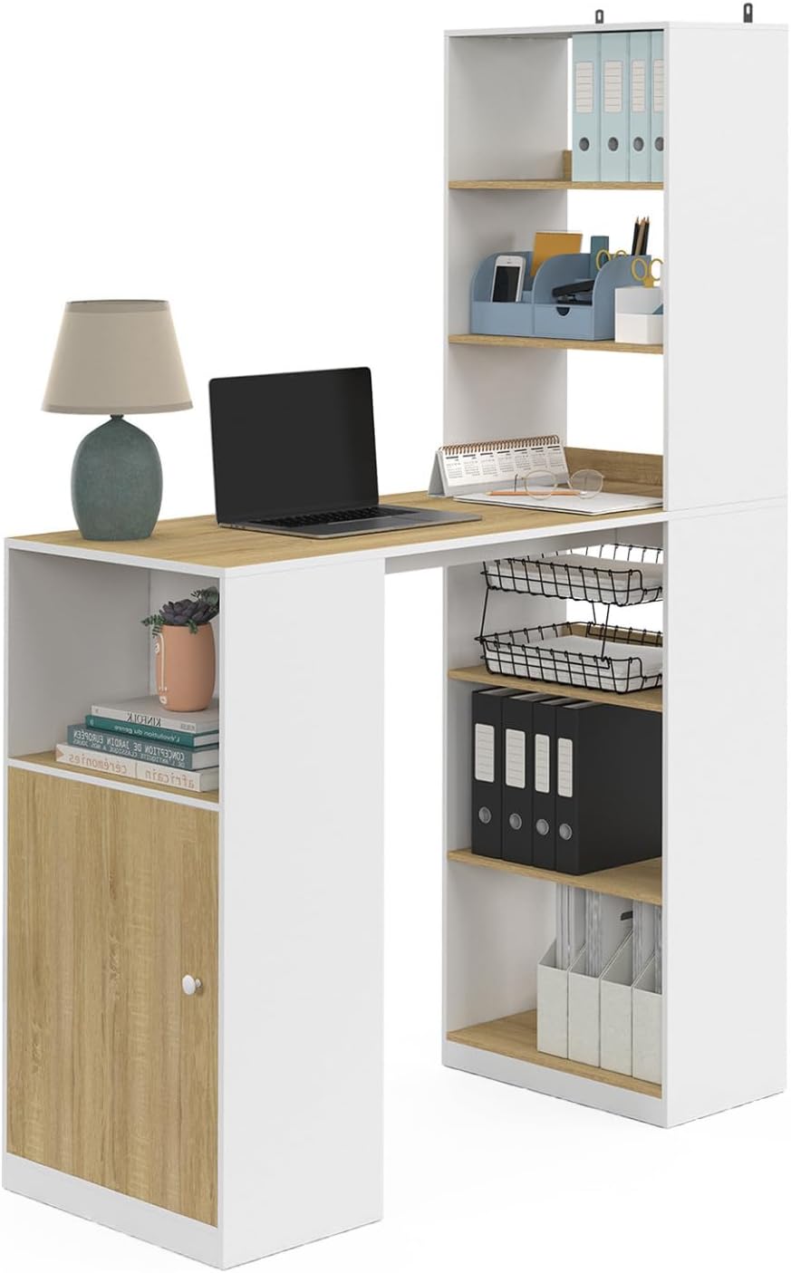 IDMarket - Bureau Lung avec rangements et Placard 2 Personnes Blanc et Bois