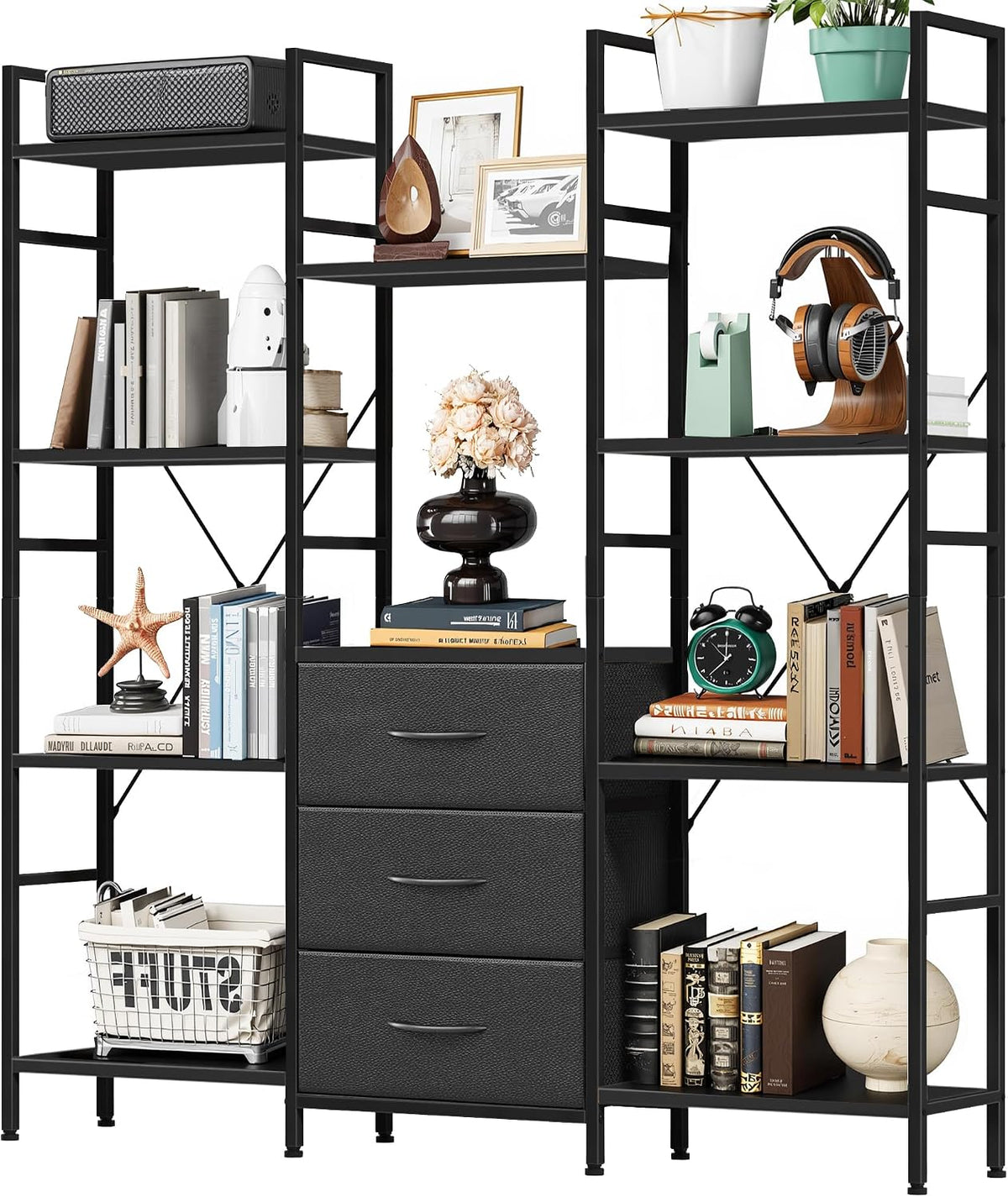 Bibliothèque Haute 120 L x 142 H cm avec 3 Tiroirs en Tissu, Étagère à 4 Niveaux, Grande Étagères de Rangement pour Salon, Bureau, Chambre à Coucher
