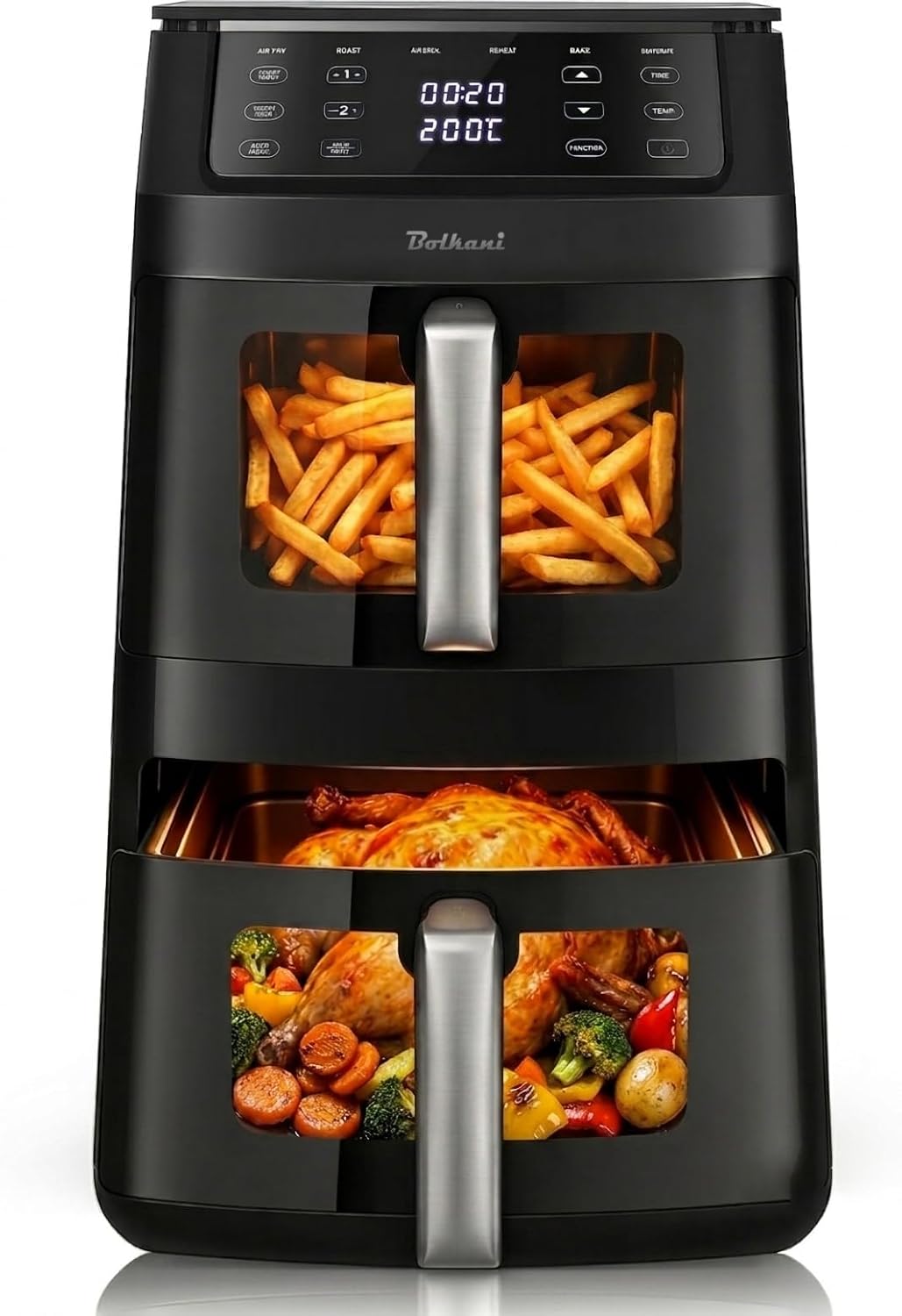 Friteuse à air chaud double XXL 11 L avec 2 chambres verticales, Smart Finish & Sync, éclairage intérieur, hublot en verre, 6 programmes automatiques