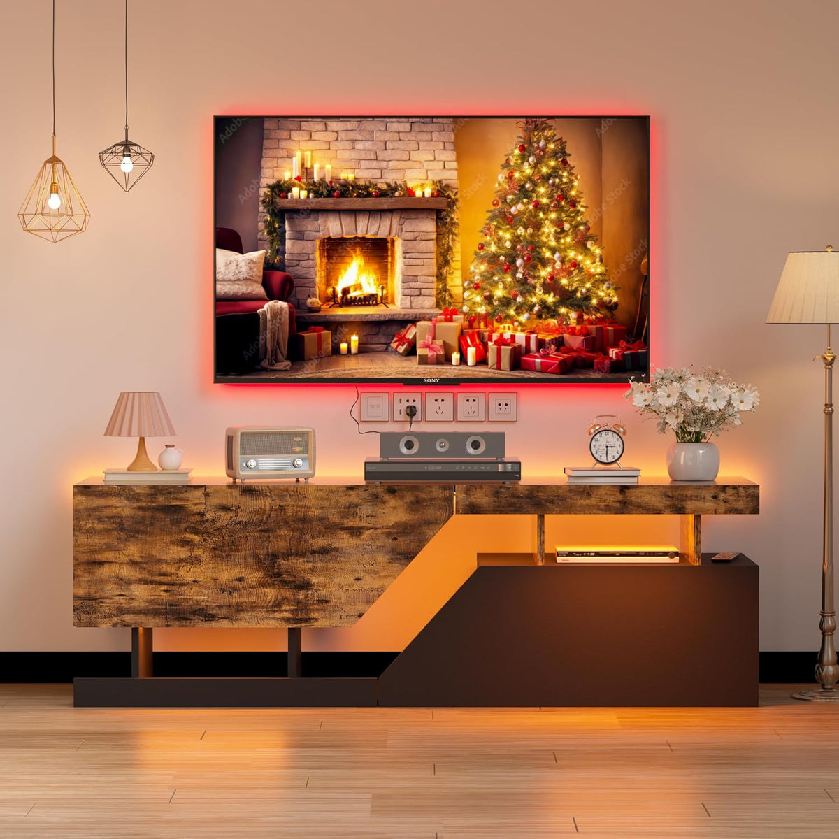 Meuble TV Lowboard LED Banc TV pour Télévision 65 Pouces Armoire de Télévision avec ouverture sans poignée 2 volets/portes Super Espace de Rangement