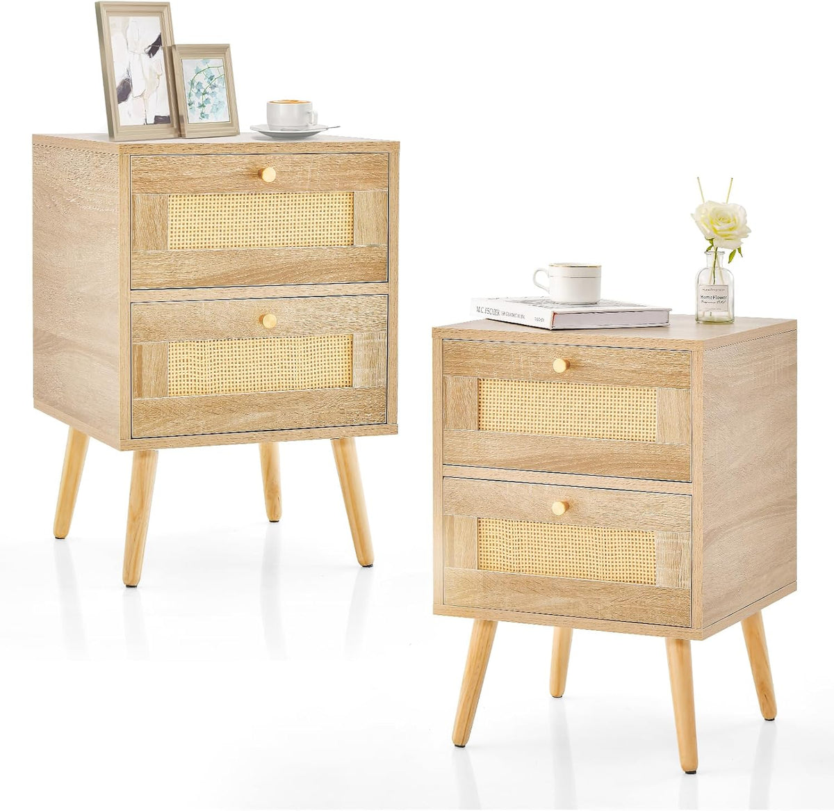 COSTWAY Table de Chevet en Rotin, Table de Nuit Bois avec 2 Tiroirs et 4 Pieds en Pin, Porte Cannage, Table d'appoint scandinave pour Salon, Chambre