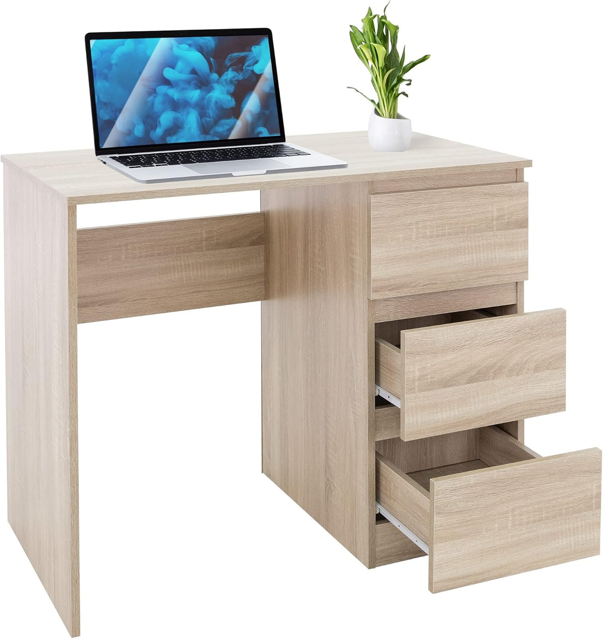 ML-Design Bureau avec 3 Tiroirs, 90x76x50 cm, en Chêne Sonoma, Beaucoup d'Espace de Rangement, Table de Travail d'Ordinateur/PC Portable