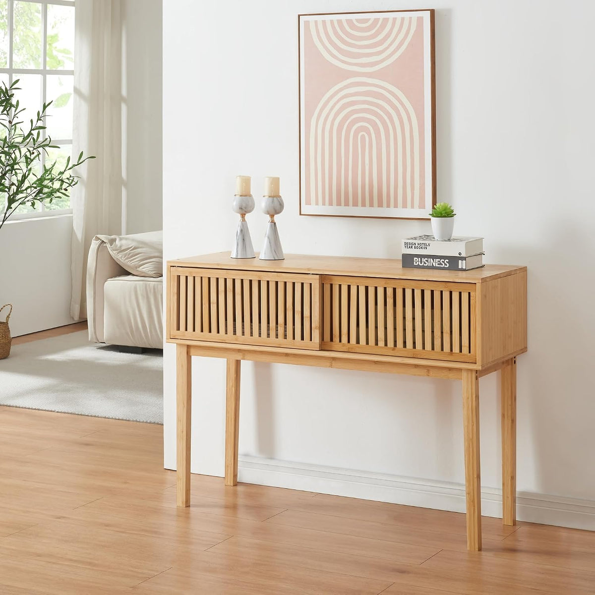 en.casa Table Console avec Compartiment de Rangement et 2 Portes Coulissantes Table d'Appoint Buffet pour Entrée Salon Salle à Manger Chambre Bambou