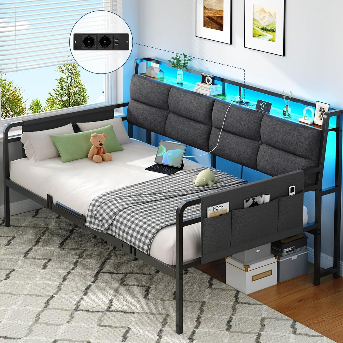 Canapé Lit 90x200 avec Éclairage LED Réglable et Multiprise 4-en-1, Lit 90x200 avec Sommier et Rangement