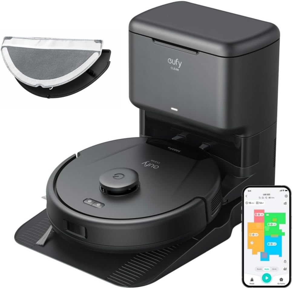 eufy L60 Ses Aspirateur Robot 2 en 1 avec Technologie de Démêlage des Cheveux, Station de Vidange Automatique pour 60 Jours de Nettoyage Mains Libres