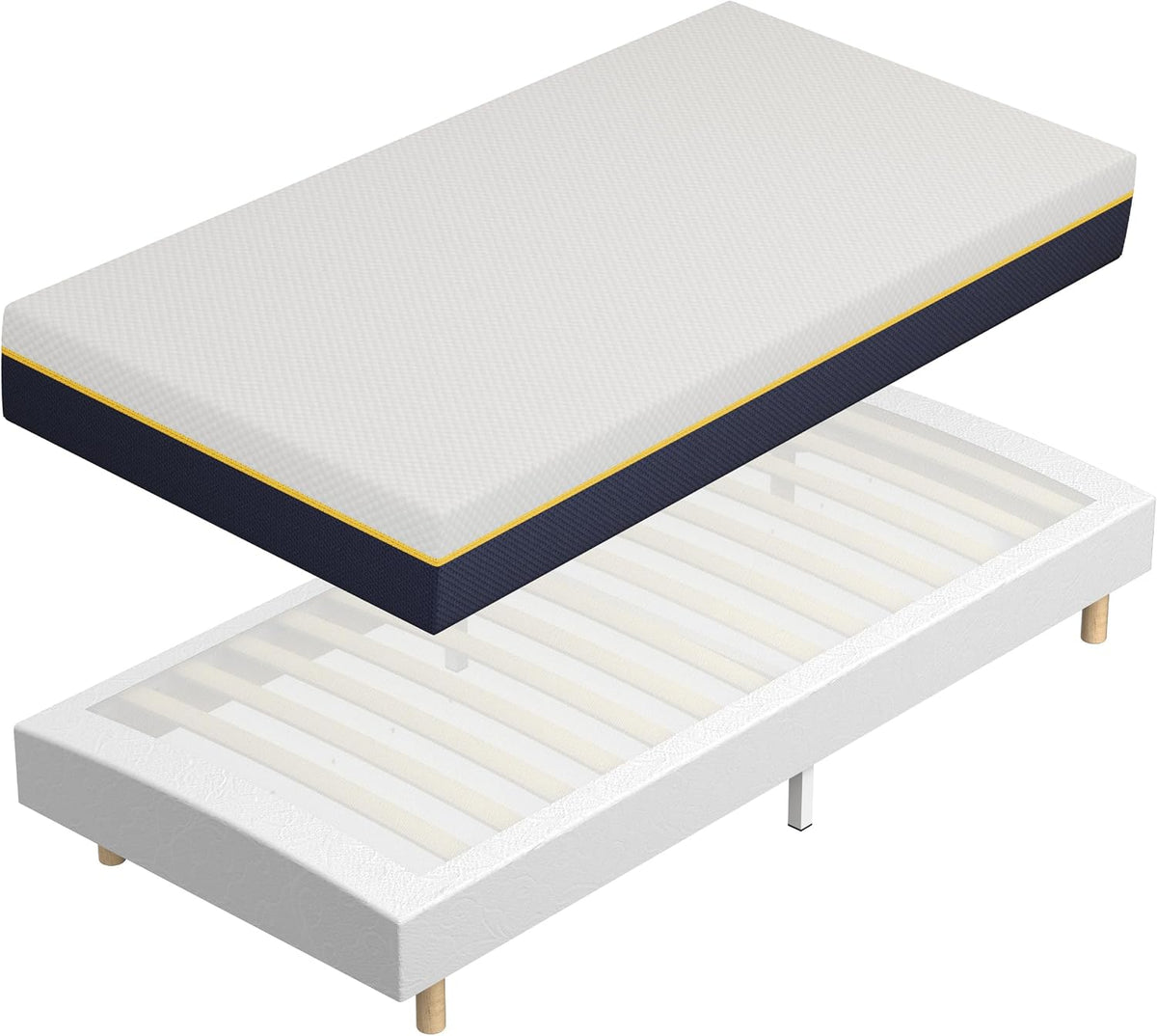TEENO Matelas Mousse à Mémoire 90x190 + Sommier Tapissé, Respirant & Déshumidifiant, 14 Lattes + 6 Pieds, Hauteur Sommier 29cm
