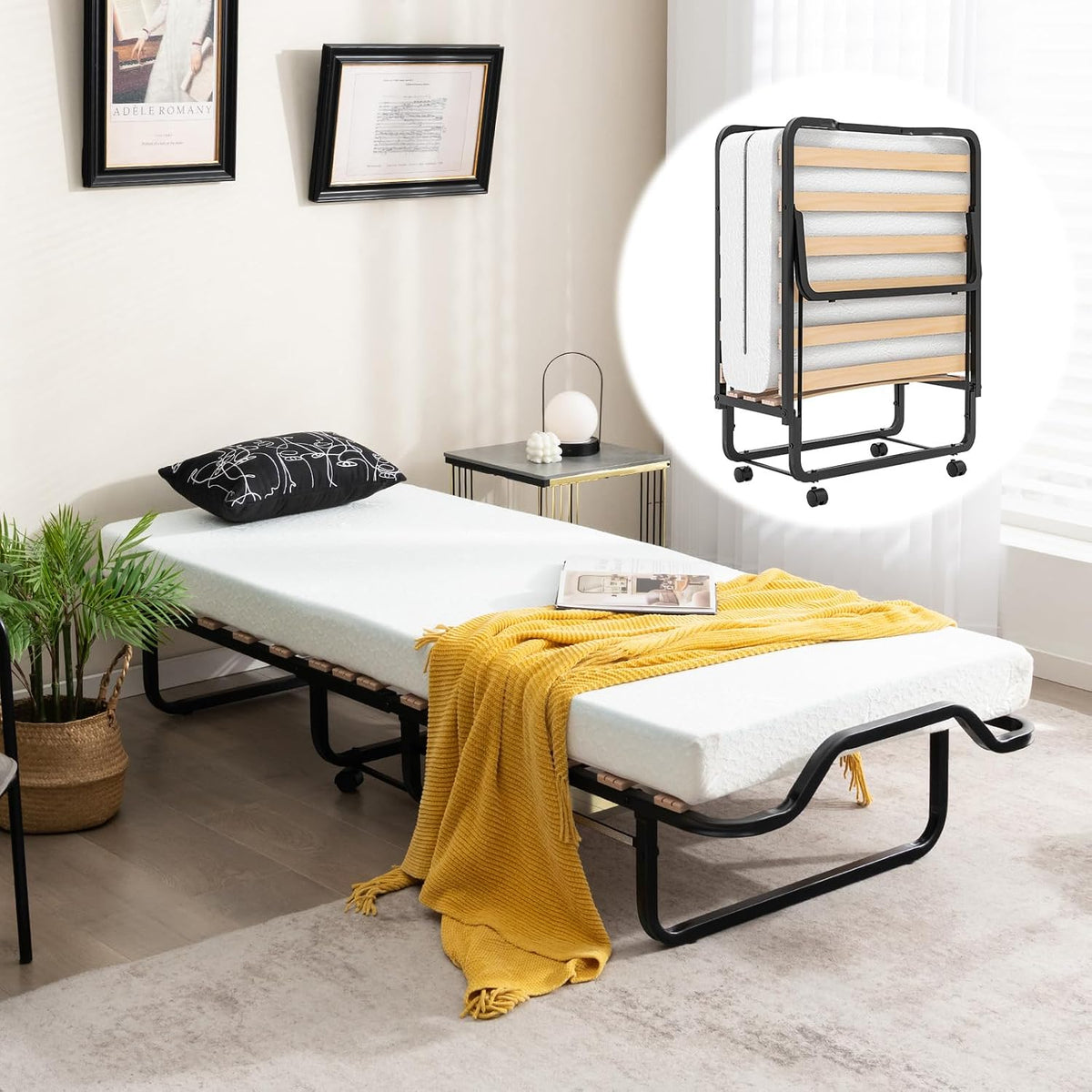 COSTWAY Lit Pliant 1 Personne Adulte 78 x 199 cm, avec Matelas Orthopédique en Mémoire 10 cm, Charge 220 kg