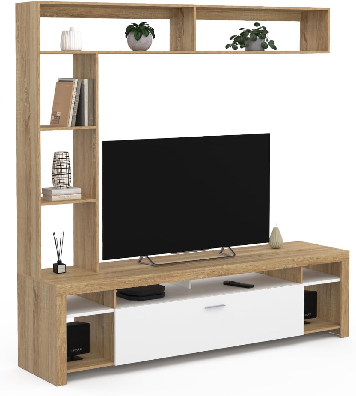 IDMarket - Ensemble Meuble TV et étagères 170 cm Malo Bois et Placard Blanc