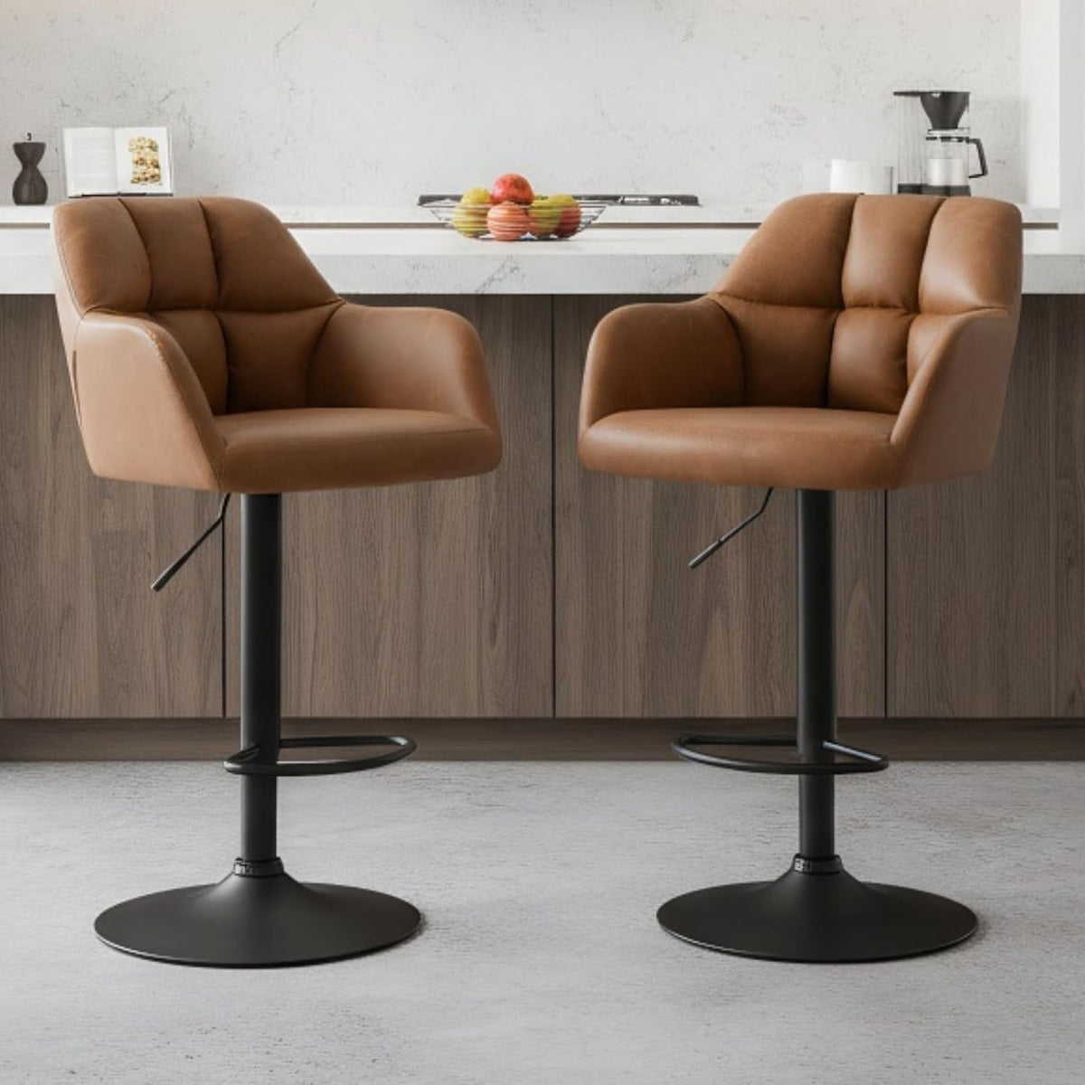 Lot de 2 Tabourets de Bar Pivotants en Cuir PU avec Dossier Chaise de Bar Réglable Moderne, Chaises Hautes Cuisine pour îlot de Cuisine/Bar, Marron