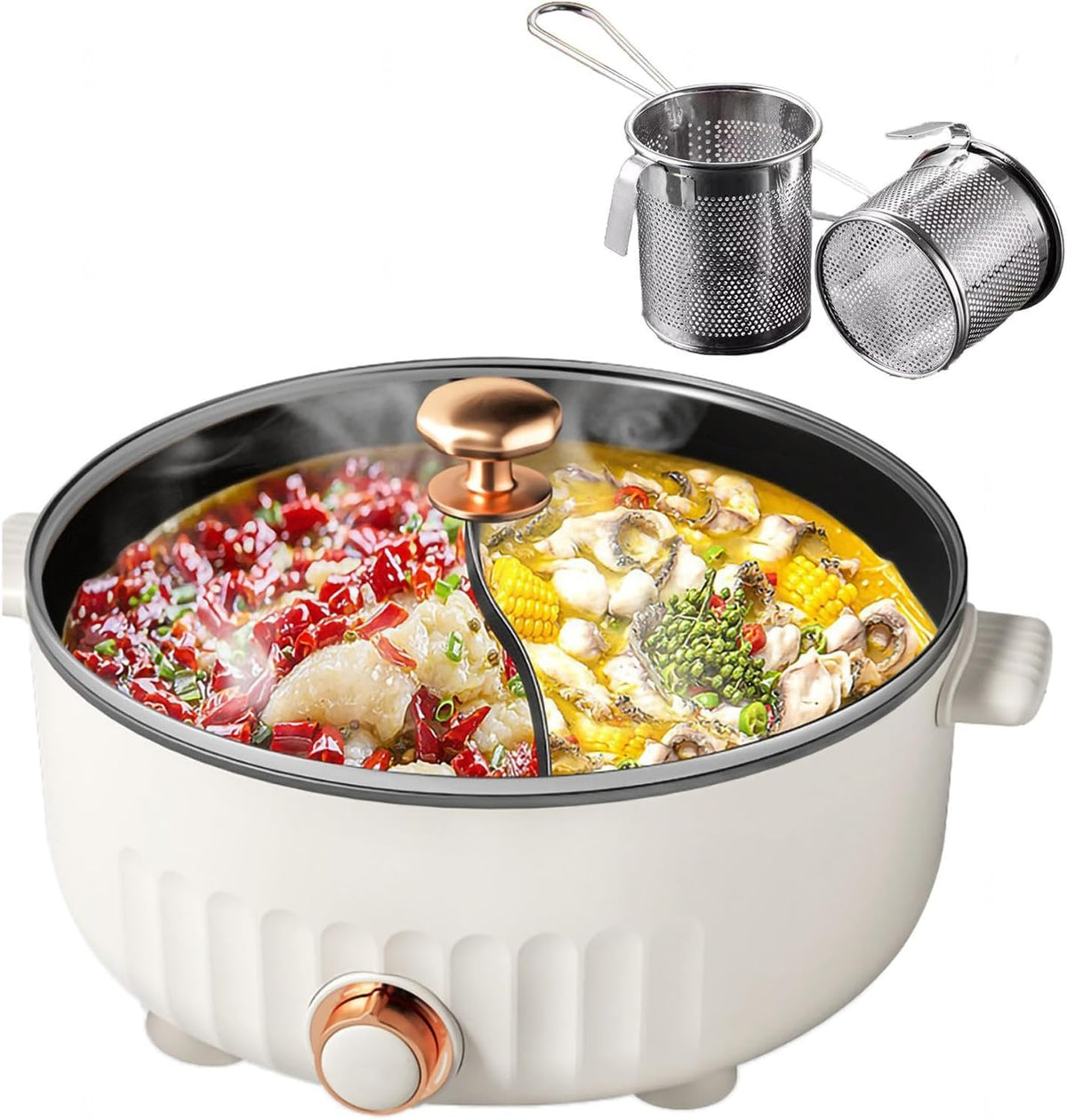 ARTSIM Fondue Chinoise Electrique, 6 litres, 1350 Watts, 30cm De DiamèTre Poele 2 Compartiments Convient Aux Petites FêTes (avec 2 Filets Non
