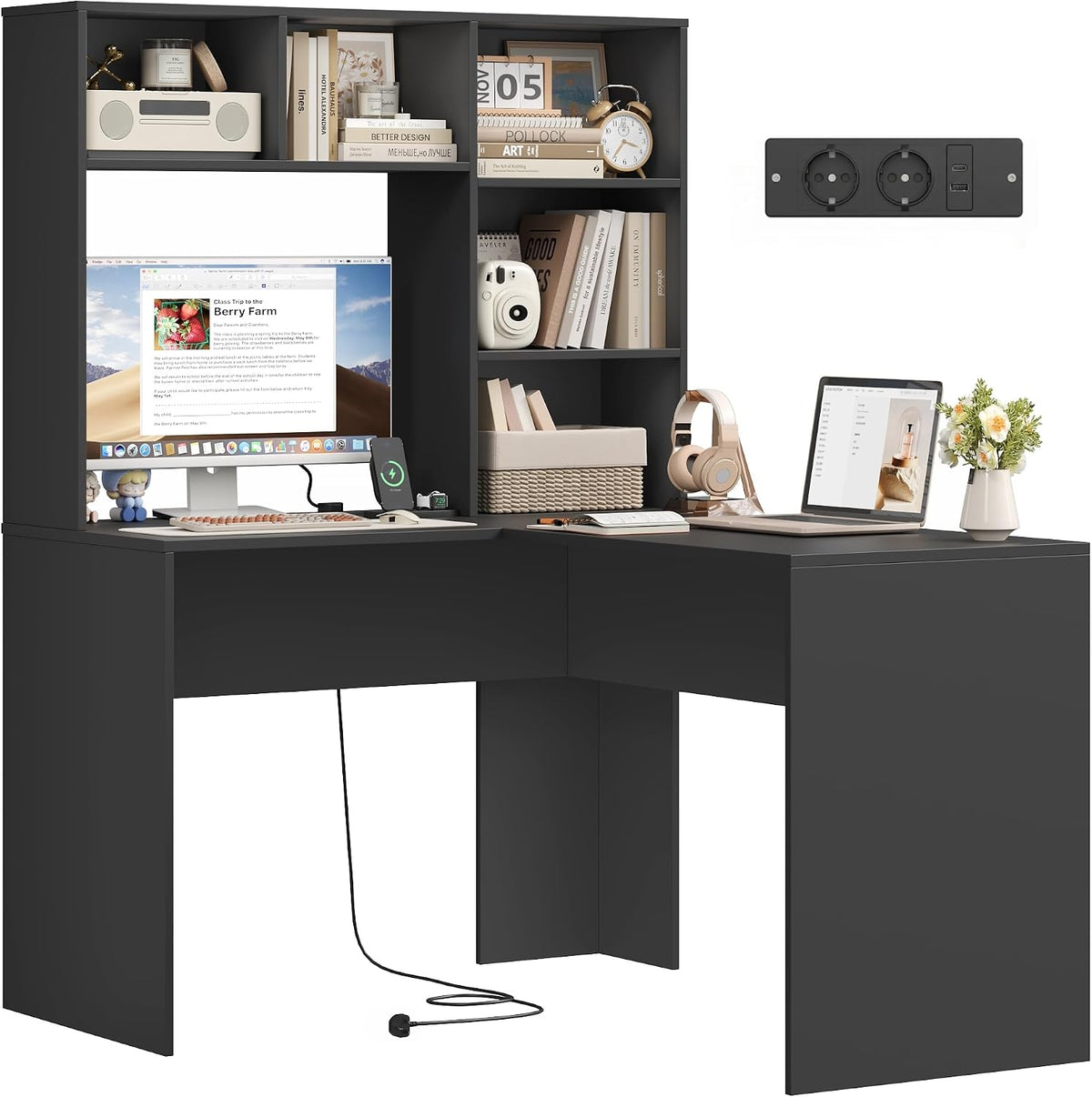 FirFurd Bureau avec Rangement avec 2 Prises 1 Type-C/USB Bureau d'angle Rangement avec 5 Étagères Grand Bureaux pour Chambre Travail Domicile en L