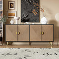 WASAGA Buffet avec Texture en Relief 160 cm, Armoire avec Quatre Portes Poignées Brossées Dorées et Pieds de Table Brillants (Noir + Bois)