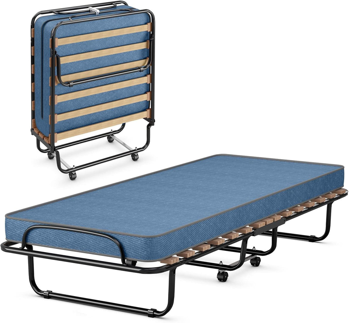 GIANTEX Lit Pliant 80x190 cm avec Matelas en Mousse avec Mémoire de Forme, Lit d'Appoint Pliable en Acier avec 4 roulettes Universelles pour Maison