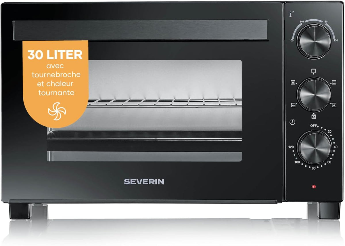 SEVERIN Mini-Four à chaleur tournante 30 L avec tournebroche, Four posable 1 500 W design simple et élégant électrique avec minuteur 120 min, Noir