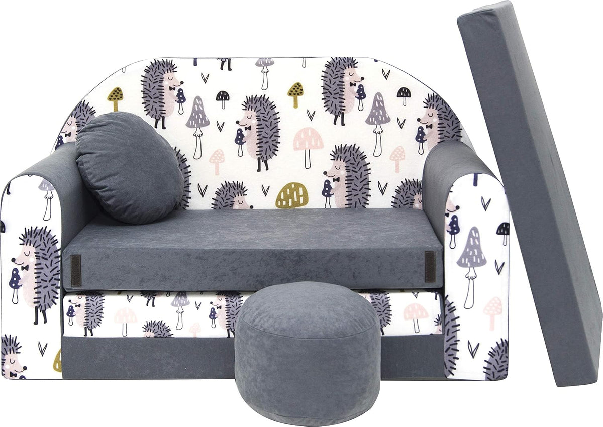 Canapé Convertible Enfant, Parfait pour Jouer et Dormir, avec Matelas Amovible, Coussin et Pouf, 98x168x59 cm