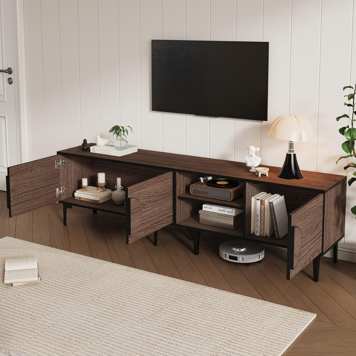 Meuble TV 180x35x49cm, Meuble Tele avec 2 Armoires, Étagères Ouvertes,7 Pieds de Support, pour Téléviseurs D'environ 80 Pouces(O-Chêne foncé)