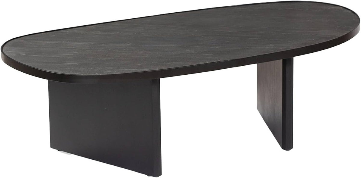 sweeek - Table Basse Ovale Bois de manguier et placage Pierre Noire. Rebord en métal. L 119.5 x P 60 x H 35cm