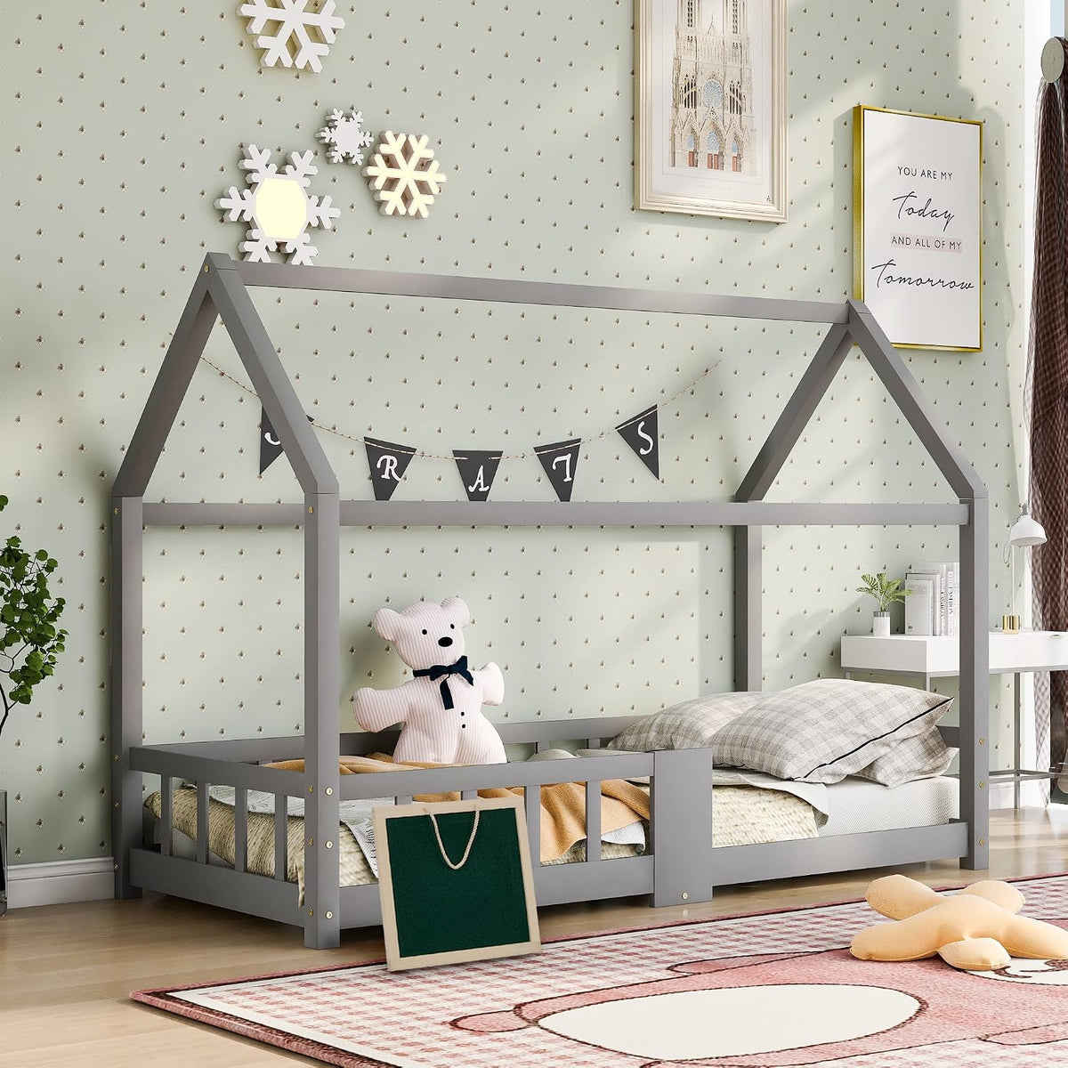 Lit cabane Enfants 90x200 Lit superposé Enfant lit Simple Protection Anti Chute en Bois de pin avec Tableau à Lattes et Protection Anti Chute Gris