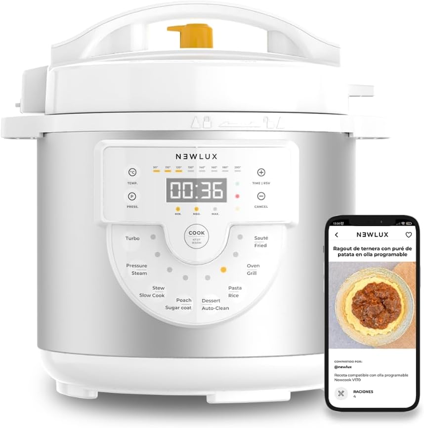 NEWCOOK-Mijoteuse Électrique Programmable 6L Delicious Blanc (1000W) Multifonction avec Voix, 15 Fonctions