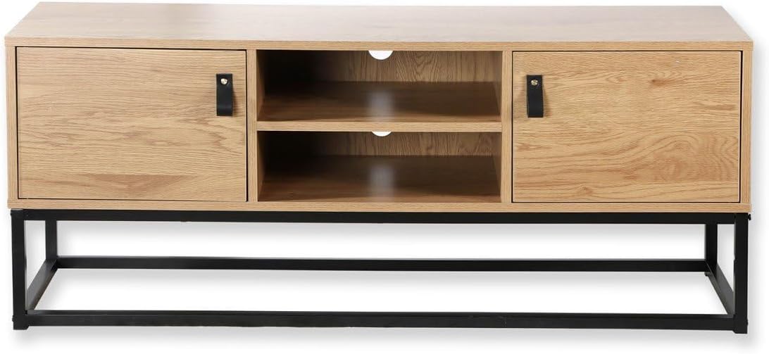 Calicosy - Meuble TV 2 Portes 2 Niches - Décor Chêne Veiné - Panneaux De Particules - Structure en Métal - 4 Espaces De Rangement - Salon Ou Chambre