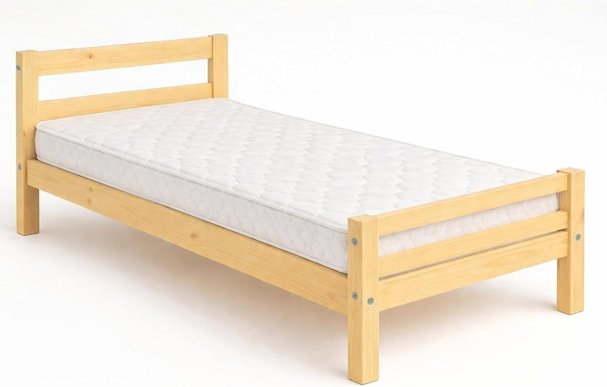 Lit Simple 90 x 190 cm en Bois - Pin Massif - sobriété, solidité et Chaleur Naturelle -Sommier à Lattes Inclus + Matelas pour Enfant 90x190x10