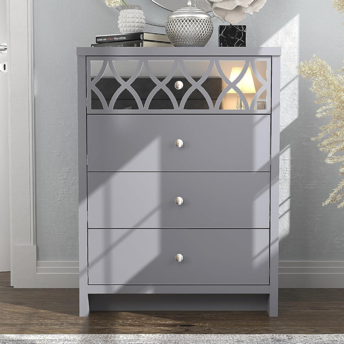 Galano Iris Commode à 4 tiroirs - Armoire Moderne avec 1 tiroir Miroir - Organiseurs et rangements pour la Chambre à Coucher - Gris