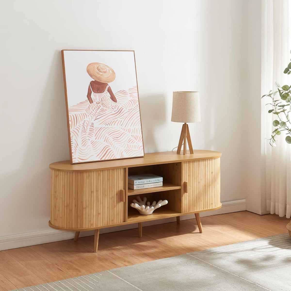 en.casa Buffet avec Portes Coulissantes et 2 Étagères Commode Meuble TV Vaisselier Style Scandinave pour Salon Chambre Bureau Bambou MDF Bois 140 x 40