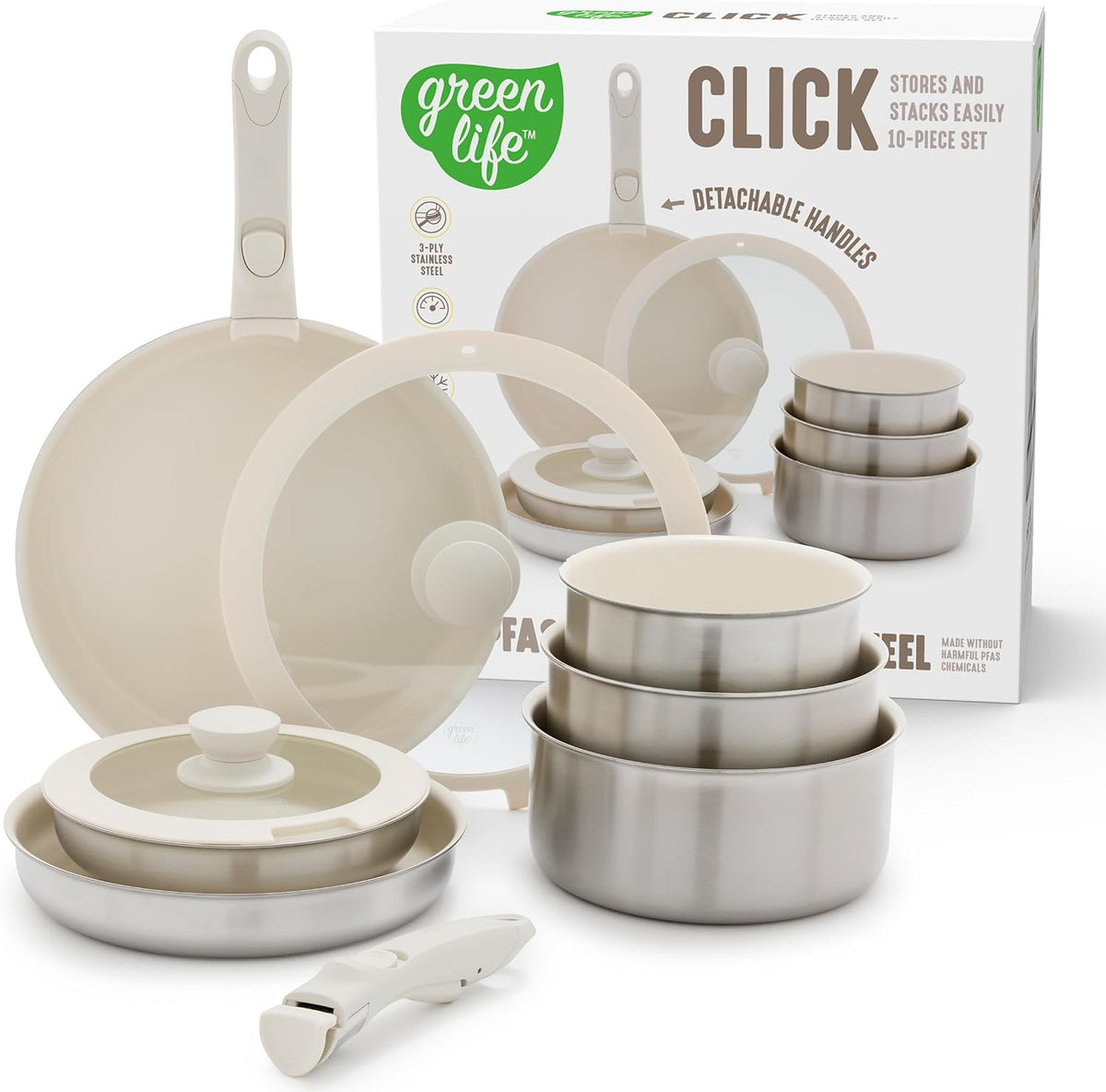 GreenLife Batterie de cuisine triple épaisseur 10 pièces en acier inoxydable, revêtement intérieur anti-adhésif en céramique, poignée amovible