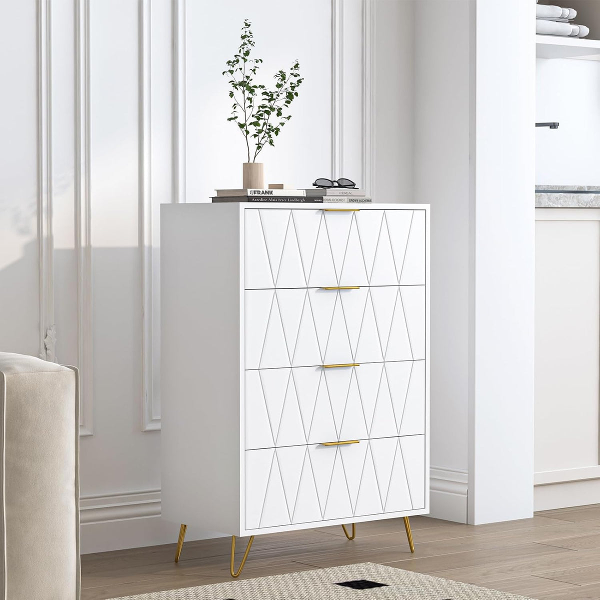 Commode Blanc 4 Tiroirs, Commode Blanche, Grand Meuble de Rangement, Armoire à tiroirs avec avec Support métallique pour Salon et Chambre