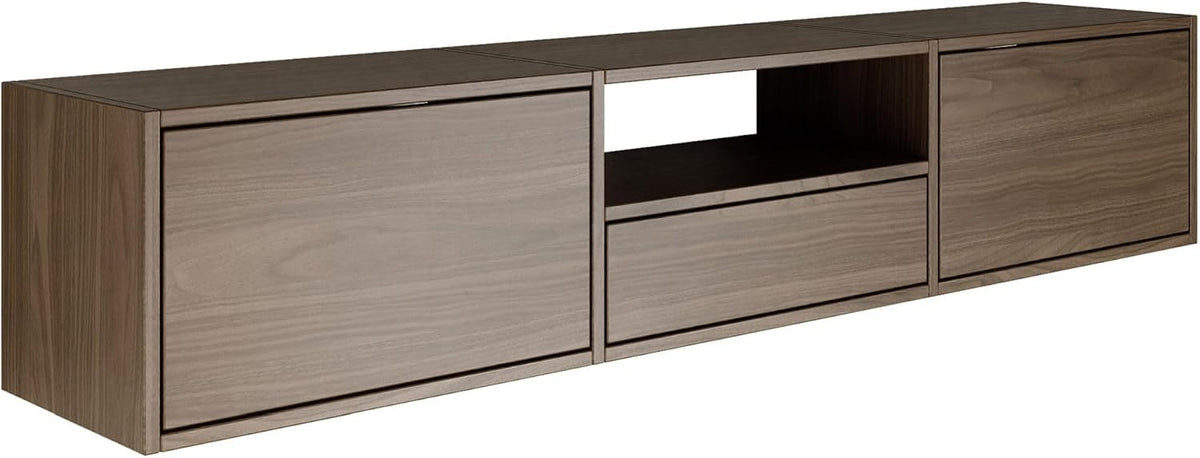 Selsey Meuble TV Suspendu 150 cm Aspect Noyer Design Scandinave Minimaliste Gain de Place avec 3 Abattants et Niche pour Appareils Multimédias Bois
